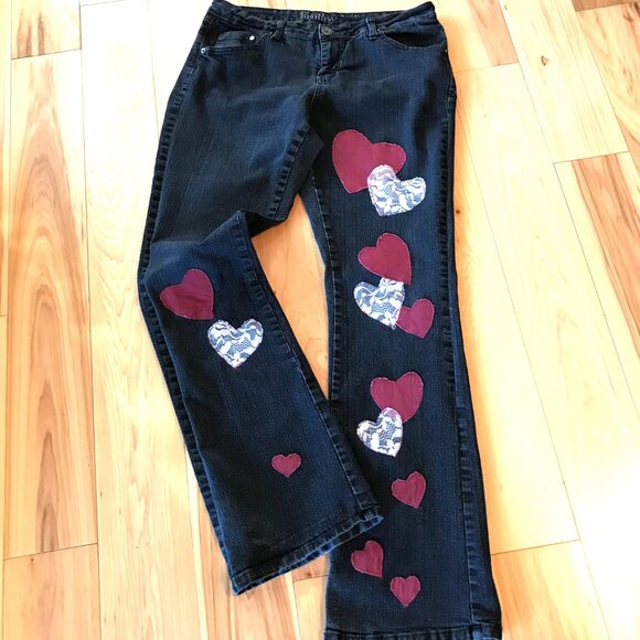 Upcycled Patchwork Jeans, Size 12:  Handmade Burgundy/Lace Patches, Black Denim - Picture 12 of 13